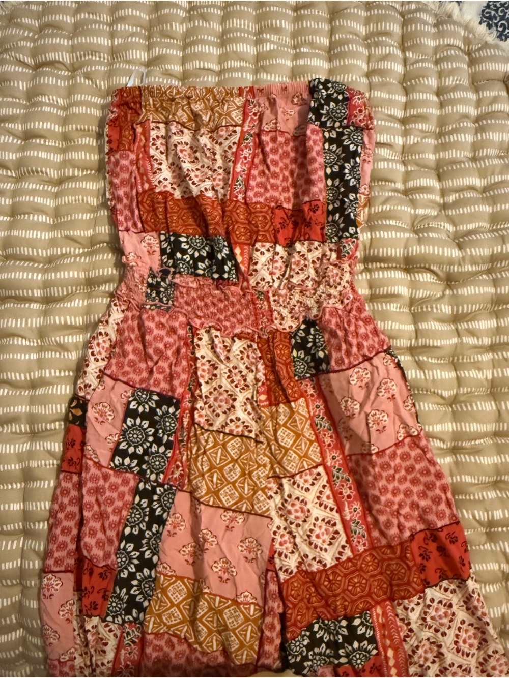 blue island Strapless Patchwork Romper in Pink, Red, Black, Mustard
